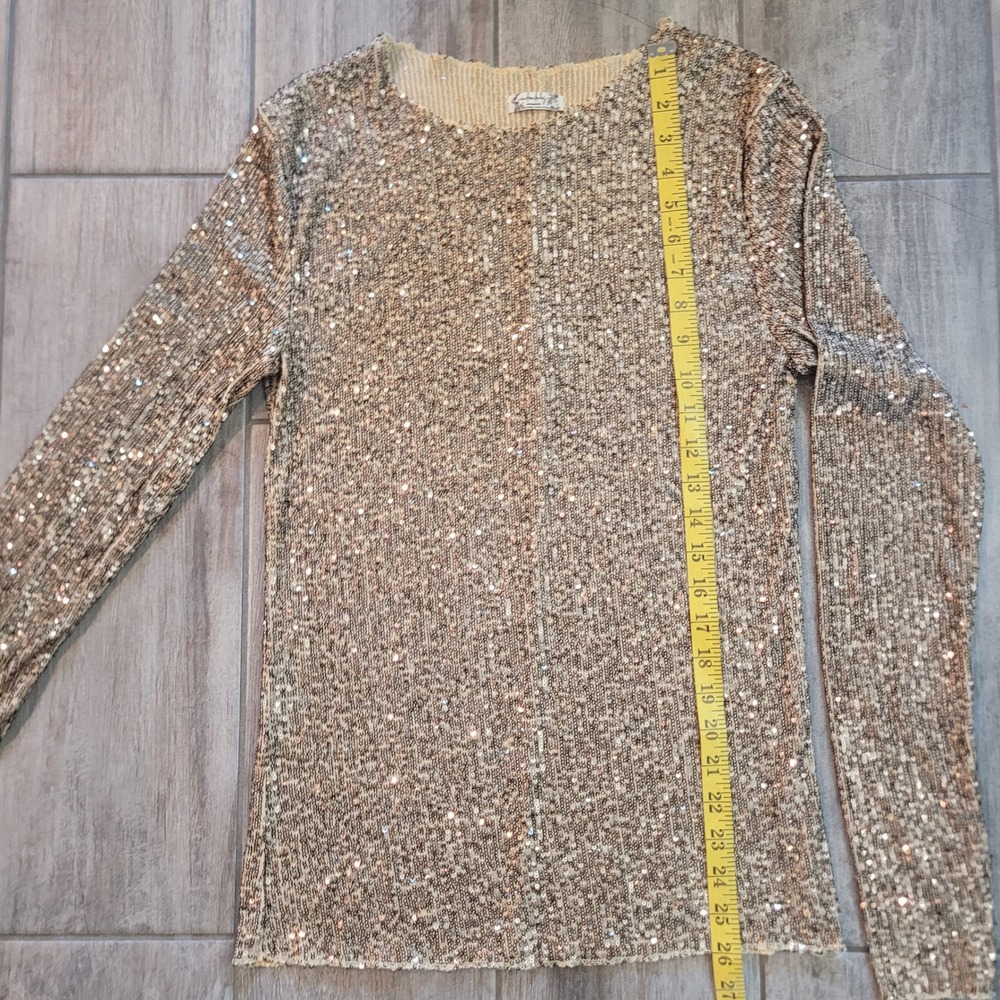 Intimately Free People Size Medium Sequin Top Women Gold Long Sleeve Mesh Glam - Picture 3 of 9